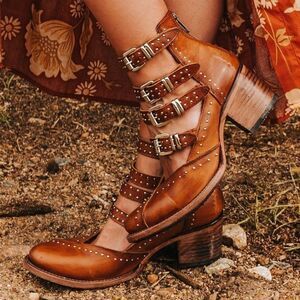 Freebird Felicity Strappy Studded Buckle Bootie Womens 8 Cognac Brown Leather